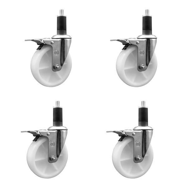 5'' SS Nylon Swivel 1-1/4'' Expanding Stem Caster Set Total Lock Brake, 4PK